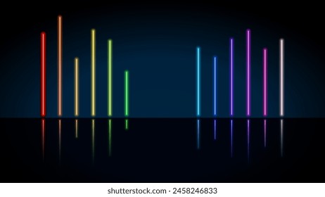 Vibrant Neon Lights on Reflective Stage. Abstract Background with Glowing Perpendicular Lines in Red, Orange, Yellow, Green, Blue, Pink, and Violet Colors. Vector.