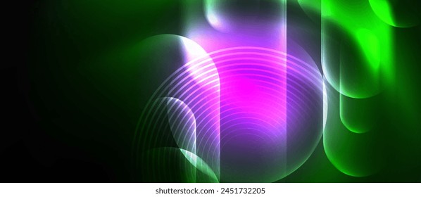 Vibrant neon lines in colors like green, purple, magenta and violet create a symmetrical art piece on a dark background. Circles and terrestrial plant shapes glow with gaslike hues