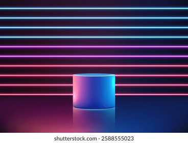 vibrant neon lit stage with horizontal blue and pink lights, 3D glowing cylindrical podium at the center. futuristic technology concepts, product displays, and modern showroom mockups