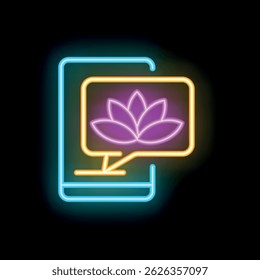 Vibrant neon lotus flower inside a chat bubble on a smartphone screen, suggesting online meditation or wellness app