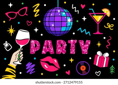 Vibrant neon party composition with disco ball, wine glass, cocktail, lips, stars, confetti, sparkles and fun club elements on dark background in bright festive nightlife celebration style. Vector