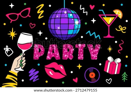 Vibrant neon party composition with disco ball, wine glass, cocktail, lips, stars, confetti, sparkles and fun club elements on dark background in bright festive nightlife celebration style. Vector