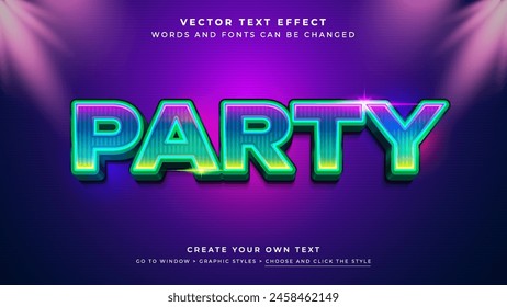 Vibrant neon party text effect on blue purple background, vector graphic styles