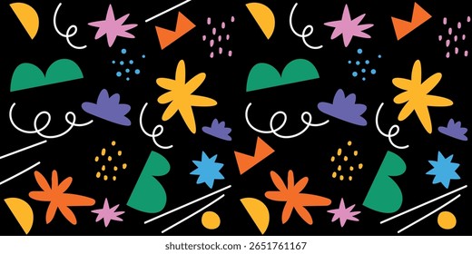 Vibrant Neon Pattern with Abstract Shapes and Symbols on Dark Background, Whimsical Digital Art for Creative Projects.