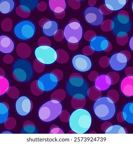 Vibrant Neon Pink and Blue Dots with Transparent Layers on Dark Purple Background