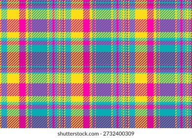 Vibrant neon plaid textile pattern with bold pink, yellow, and turquoise stripes. Ideal for retroinspired fashion backgrounds, digital paper, and energetic designs. Modern and eyecatching.