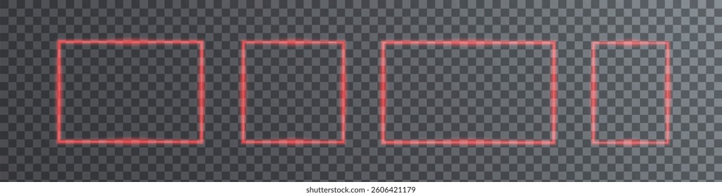 Vibrant neon red laser frame on a dark background. Glowing rectangle with radiant pink beams, perfect for modern, techno, or retro designs. Futuristic LED effect. Vector template included