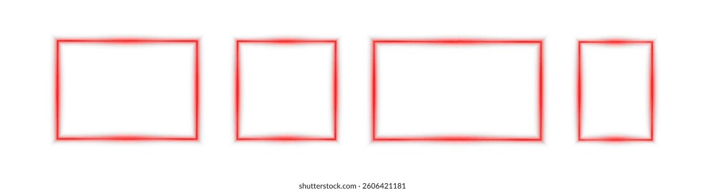 Vibrant neon red laser frame on a dark background. Glowing rectangle with radiant pink beams, perfect for modern, techno, or retro designs. Futuristic LED effect. Vector template included