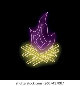 Vibrant neon sign depicting a bonfire burning brightly, perfect for attracting attention to a summer camp or outdoor event