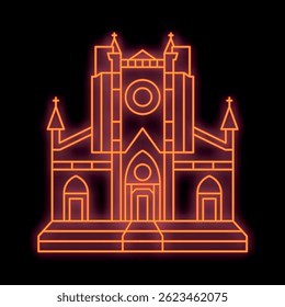 Vibrant neon sign depicting a church facade, radiating an orange glow against a dark backdrop