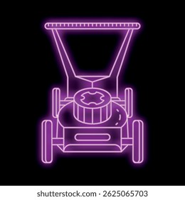 Vibrant neon sign depicting a lawnmower, perfect for themes of gardening, landscaping, or outdoor maintenance