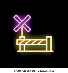 Vibrant neon sign depicting a railroad crossing, radiating a sense of caution and warning