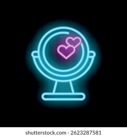 Vibrant neon sign depicting a round mirror reflecting two hearts, representing self acceptance and romantic love