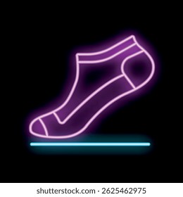 Vibrant neon sign depicting a single sock standing upright on a line, glowing against a dark background