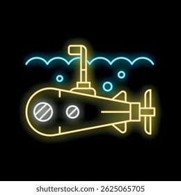 Vibrant neon sign depicts a yellow submarine submerged in blue waves, representing exploration and underwater adventures