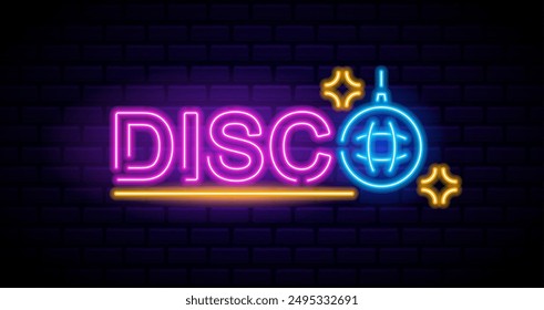 Vibrant Neon Sign Displaying The Word Disco With Glowing Blue Disco Ball And Yellow Lights Set Against A Dark Brick Wall