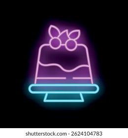 Vibrant neon sign illustrating a delicious cake with berries on top, perfect for any bakery or dessert shop