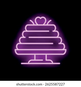 Vibrant neon sign of a wedding cake glowing on a black background, perfect for any celebratory design