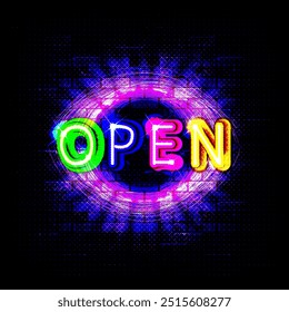 A vibrant neon sign with the word 'OPEN shines brightly, illuminating the night. Vector illustration