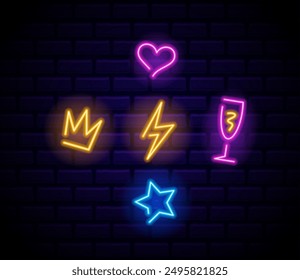 Vibrant Neon Signs Featuring Heart, Crown, Lightning Bolt, Star And Champagne Glass Illuminated At Dark Brick Wall