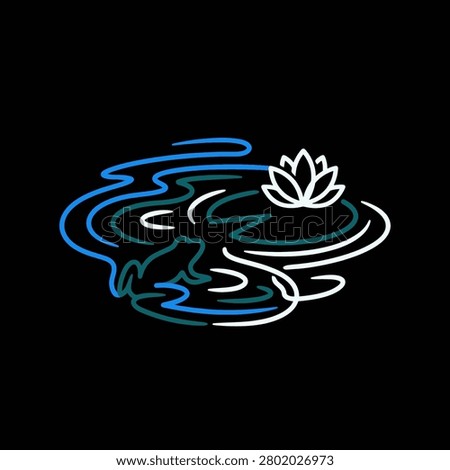A vibrant neon style graphic featuring a green frog silhouette resting on a lily pad surrounded by blue water ripples and a white lotus blossom on a black background