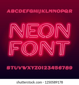 Vibrant neon tube alphabet typeface. Neon color uppercase letters and numbers. Stock vector font for your design.