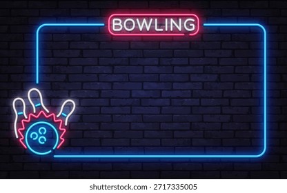 Vibrant neon vector frame with bowling ball and pins icon. Designed for bowling clubs, sport events, and entertainment venue advertising.