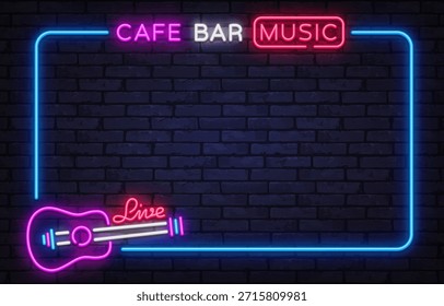 Vibrante marco de Vector de neón con letrero de música de barra de café e ícono de guitarra brillante. Perfecto para pósters de salón, eventos nocturnos y promociones de presentaciones en vivo.