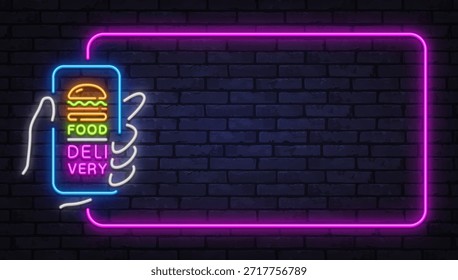 Vibrante marco de Vector de neón con smartphone e icono de hamburguesa, que simboliza la entrega de comida rápida. Perfecto para menús de restaurantes, anuncios de comida para llevar y promociones modernas de servicio de comida.