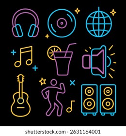 Vibrant neon vector set with music and party icons: headphones, disco ball, drink, guitar, speakers, dancer, vinyl, notes, and more. Ideal for club flyers, posters, t-shirts, digital use.