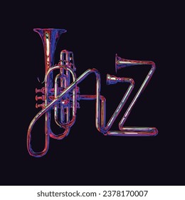 Vibrant neon vector of a trumpet merging with the word "JAZZ". Artistic representation of jazz music's lively spirit.