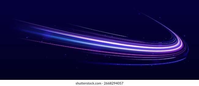 Vibrant neon waves on dark backdrop, ideal for modern design projects. Neon color glowing lines. Electric car and city concept Hitech communication concept innovation background, vector design.