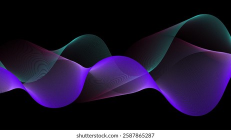 Vibrant neon waves smoothly flow over a dark background, creating a mesmerizing visual rhythm.