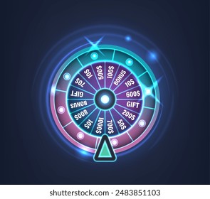 Vibrant, Neon-lit Spinning Wheel Of Fortune Displaying Rewards Like Cash Prizes, Bonuses, And Gifts, 3d Vector Image