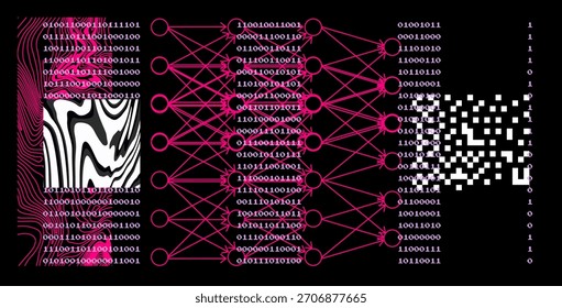 Vibrante Ilustración vectorial de color rosa neón sobre negro con una red neuronal brillante construida a partir de flujos de código binario y nodos. Concepto para inteligencia artificial, aprendizaje profundo, redes neuronales.