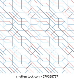 Vibrant net of blue and red crossed lines. Seamless pattern