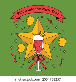 A vibrant New Year celebration poster featuring a golden star, a champagne glass adorned with a ribbon, balloons, and festive decorations. Perfect for party invitations and greetings.