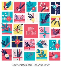 Vibrant New Year Gift Boxes with Botanical Decorations in Grid Arrangement