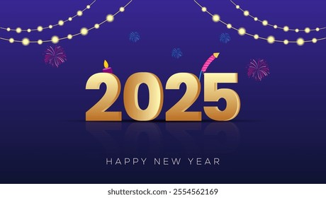 A vibrant New Year greeting card featuring 2025 in golden numbers on a dark blue background with colorful decorations lights party hats and confetti Happy New Year is written below