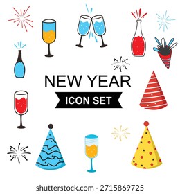 Vibrant New Year icon set with colorful party hats, splashing champagne bottles, festive glasses, and fireworks, designed in a fun, hand-drawn vector style for celebrations.