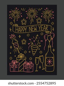 Vibrant New Year poster featuring fireworks, champagne bottle, gift boxes, balloons, and festive elements in a modern line art style for celebrations and holiday greetings.