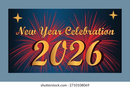 Escenario vibrante del Año Nuevo con números dorados audaces 2026, letras elegantes de Feliz Año Nuevo, un podio rojo en capas y fuegos artificiales coloridos sobre un fondo rojo profundo, perfecto para saludos y fiestas 