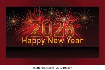 Escenario vibrante del Año Nuevo con números dorados audaces 2026, letras elegantes de Feliz Año Nuevo, un podio rojo en capas y fuegos artificiales coloridos sobre un fondo rojo profundo, perfecto para saludos y fiestas 