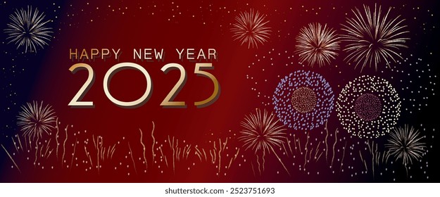 A vibrant New Year's Eve celebration graphic for 2025, featuring an array of colorful and golden fireworks lighting up the sky. 