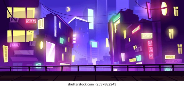 Vibrant night cityscape with neon glowing buildings. Colorful signs illuminate with purple downtown street. Crescent moon among tower buildings. glowing windows in diverse architectural shapes.