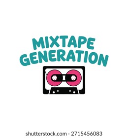 Un diseño de camiseta de tipografía vibrante y nostálgico con la frase 'Mixtape Generation' con una ilustración de cinta de casete retro.