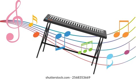 Vibrant notes flowing from a digital keyboard