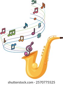 Vibrant notes flowing from a golden saxophone