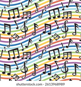 Vibrant notes and symbols on a rainbow backdrop