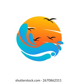 Vibrant Ocean Sunset Scene with Waves, Birds, and Sunlight Horizon